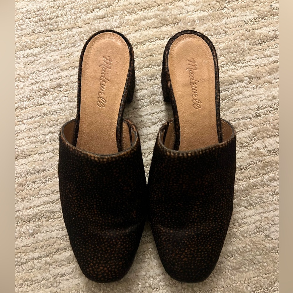 Madewell the walker spotter animal calf hair brown leather mules size 7.5